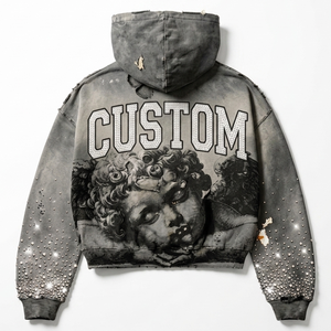 Sweat à capuche gris délavé personnalisé, coupe courte, imprimé ange Renaissance vieilli, lettres universitaires en strass, style streetwear, fournisseur en gros - Product Image 3