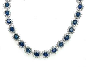 AssayJewelers 36Ct Oval Blue Sapphire 9.6Ct Diamond Halo Link Chain Choker <b>Necklace</b> in 14K Gold Plated Hiphop Wedding Style - Product Image 1