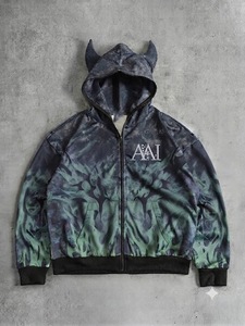 Sudadera con capucha 100% poliéster de punto con pedrería, personalizada, con lavado ácido, cremallera completa, estilo gótico, con diamantes brillantes, para hombre. - Product Image 1