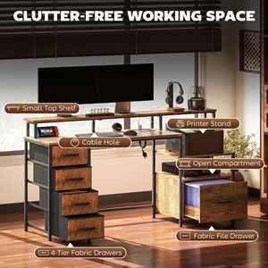 Rustic Brown 67\" PC Desk with <b>Power</b> Outlets LED Lights <b>File</b> Cabinet Fabric Drawers - Product Image 4