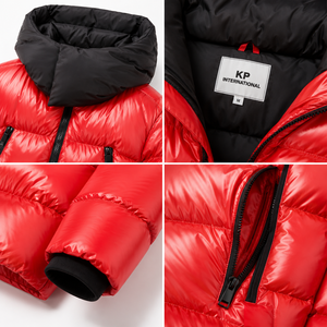 Men's <b>Red</b> Hooded Down Puffer <b>Jacket</b> With Zipper Closure Casual Winter Coat Thick Windproof Nylon Shell Wholesale Rate - Product Image 3