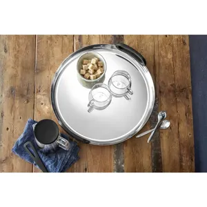 Round Metal Serving Tray With Handle <b>Black</b> Minimalist Design Multi Piece Set for Dining <b>Table</b> Use - Product Image 3