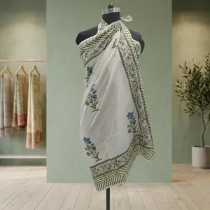 <b>White</b> Hand Block Printed Cotton <b>Bikini</b> Blue Floral Motif Green Border Reversible Front Traditional Ethnic Wear Women Elegant - Product Image 3