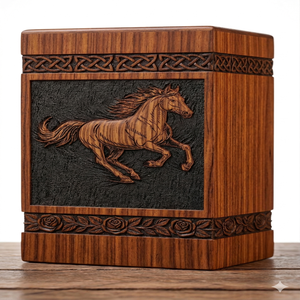 Wooden Cremation Urn Adult <b>Memorial</b> <b>Keepsake</b> Carved Horse Pattern Brown Desktop Funeral Supply - Product Image 5