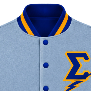 Womens Light <b>Grey</b> Varsity Bomber Jacket Blue Sleeves Sigma Letter Lightning Embroidery Gold Trim Snap Button College Style <b>Coat</b> - Product Image 2