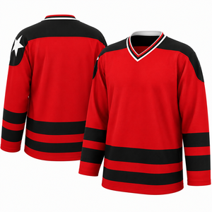 Jersey de Hockey sobre Hielo para Hombre, Rojo y Negro a Rayas, Cuello en V, Manga Larga, Tejido de Poliéster que Absorbe la Humedad - Product Image 1