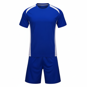 Ensemble de maillot de football bleu pour homme, manches courtes, col rond, polyester respirant, coupe régulière, toutes saisons, couleur unie, vêtements de sport - Product Image 1