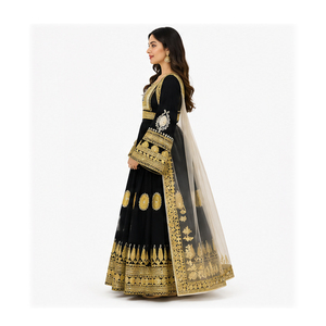 Lehenga brodé noir et or pour femme, tenue traditionnelle indienne de mariage, longueur au sol, en soie, coupe ample, vêtement ethnique, robe afghane Kuchi - Product Image 2