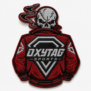 Patch brodé Oxytag Sports thermocollant, forme irrégulière, rouge et noir, en tissu tissé, badge décoratif, prix abordable, personnalisation OEM - Product Image 1