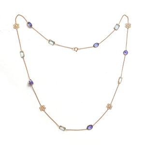Collar con colgante floral de aguamarina natural y tanzanita de corte mixto en oro amarillo macizo de 18 quilates – Gema azul geométrica engastada en bisel - Product Image 1
