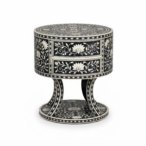 Table de chevet en os incrusté vert sauge, motif floral fait main, 2 tiroirs, table de nuit incurvée, artisanat indien en gros, accent personnalisé - Product Image 4