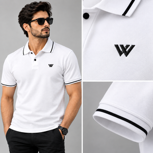 Camisa de Piqué Negra para Hombre, Cuello y Puños Blancos en Contraste, Logotipo Personalizado, Corte Ajustado, Uniforme de Golf Informal, 100% Algodón, Secado Rápido, Manga Larga - Product Image 2