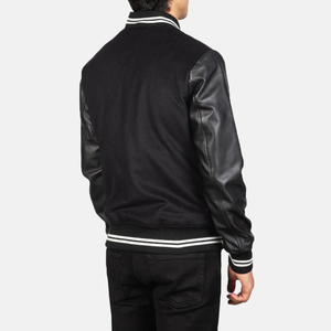 <b>Men's</b> Black <b>Bomber</b> <b>Jacket</b> PU Leather Sleeves Zipper Closure Casual Style Turn-down Collar Solid Color Autumn Wear - Product Image 4