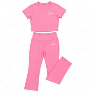 Women Pink Fitness Outfit Short Sleeve Athletic Top <b>Flared</b> <b>Leggings</b> High Waist Yoga Wear Custom Logo <b>Gym</b> Apparel Bulk Supplier - Product Image 3