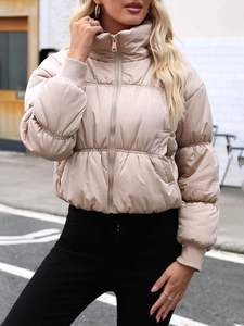 <b>Women's</b> <b>Beige</b> Quilted Puffer <b>Jacket</b> With Stand Collar Full Sleeve Zipper Closure Thick Winter Coat Short Length Solid Color - Product Image 1