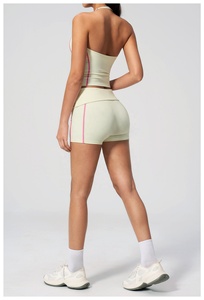 Cream Two Piece Yoga Set Halter <b>Crop</b> <b>Top</b> High Waist Shorts Contrast Stitch Seamless Breathable Spandex Polyester - Product Image 2
