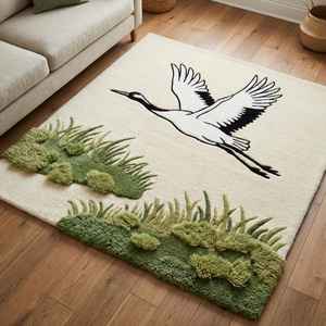 Alfombra de Lana Hecha a Mano de Primera Calidad, Diseño Moderno de Pájaros Verdes, Antideslizante, Apta para Mascotas |   1 Pieza - Product Image 3