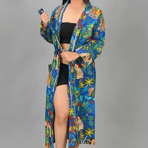 ชุดคลุมอาบน้ำผ้าฝ้ายลายดอกไม้ทำมือสำหรับผู้หญิง ชุดเดรสชายหาด ชุดคลุมว่ายน้ำ ลายพิมพ์บล็อกด้วยมือ ชุดนอนแสนสบาย สไตล์กิโมโน - Product Image 1