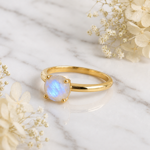 S925 Sterling Silver <b>Moonstone</b> <b>Ring</b> Gold Plated Anniversary <b>Ring</b> For Women 7mm Round Gemstone Plain Band Wholesale Women Jewelry - Product Image 4