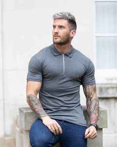 <b>Men's</b> Gray Short Sleeve <b>Polo</b> <b>Shirt</b> Cotton Jersey Zipper Casual Solid Color Knitted Regular Fit OEM ODM Made in Sialkot - Product Image 3