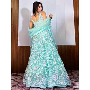 Fascinating Blue <b>Sequins</b> Net Reception Lehenga Choli Set with Dupatta - Product Image 1