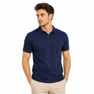 Polo de Manga Corta Azul Marino para Hombre, Color Sólido, Cierre de Botones, Corte Regular, 100% Algodón Piqué, Antiarrugas - Product Image 1