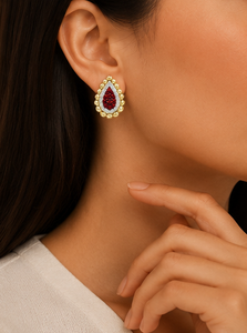 Boucles d'oreilles en argent sterling 925 plaqué or avec rubis rouge CZ en forme de goutte d'eau et halo de CZ blanc, bijoux de luxe pour femmes - Product Image 4