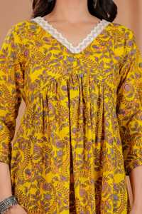 Mustard Floral Print Cotton V-Neck <b>Three</b> Quarter Sleeve Casual Fit Flare Midi Dress Maternity Feeding Gown Pockets Daily Wear - Product Image 5