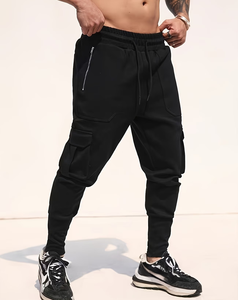 Men's Black Cargo Sweatpants Mid Waist Drawstring Casual Joggers Pockets Autumn Wear Loose Fit Knitted Corduroy Polyester/Cotton - Product Image 1