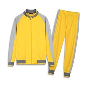 Ensemble de survêtement unisexe jaune et gris avec blocs de couleur, sweat-shirt zippé et pantalon de jogging, style sportif respirant pour adulte, idéal pour le printemps - Product Image 1