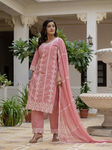 Pink Embroidered Silk Salwar Kameez Set <b>Net</b> Dupatta Women Traditional Casual Wear India Pakistan Style Summer Winter All Seasons - Product Image 2