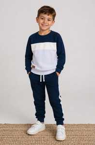Ensemble de survêtement décontracté pour garçons, sweat-shirt à blocs de couleur bleu marine et blanc, manches longues, col rond, 100 % coton, poches latérales, cordon de serrage - Product Image 5