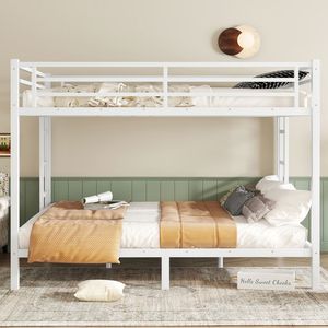 White Queen Over Queen Metal Bunk <b>Bed</b> for Teens and Adults <b>Space</b> <b>Saving</b> with Noise Reduction No Box Spring Needed - Product Image 2
