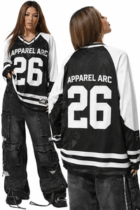 เสื้อเจอร์ซีย์ตาข่ายพิมพ์ลายแบบซับลิเมชั่นสั่งทำขายส่ง เสื้อสตรีทแวร์โอเวอร์ไซส์แขนยาว พิมพ์ลายตัวเลข เสื้อแฟชั่นยูนิเซ็กซ์ รับผลิตแบบ OEM ODM - Product Image 3