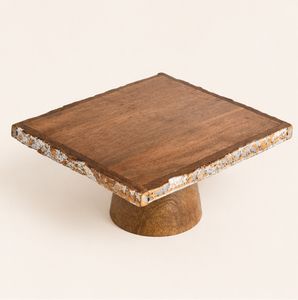 Rustic Square Mango Wood <b>Cake</b> <b>Stand</b> Handcrafted Dessert Display Pedestal With Natural Bark Edge Pattern For Weddings & Parties - Product Image 3