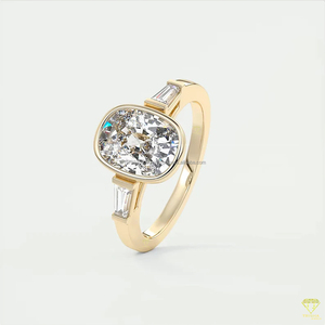 Bague de fiançailles vintage à trois pierres en moissanite taille ovale, en argent sterling 925, sertie à griffes, baguette conique, certifiée IGI - Product Image 1