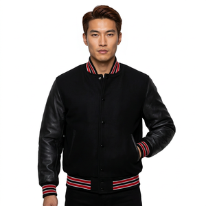 Chaqueta Varsity de Cuero Genuino Negro para Hombre, con Cuello Alto, Botones a Presión y Ribete Rojo - Product Image 4