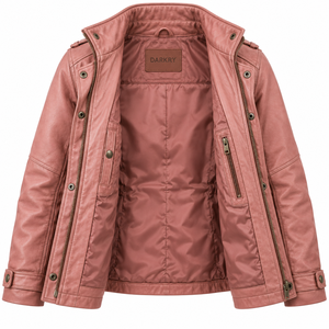 Chaqueta de cuero genuino para mujer, color rosa polvo, estilo utilitario, con cintura con cordón, cuatro bolsillos tipo cargo con solapa, cuello alto, estilo safari. - Product Image 5