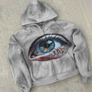 Sweat à capuche zippé intégral personnalisé pour homme, en coton 100% grammage lourd, délavé à l'acide, avec imprimé œil, style streetwear, coupe oversize, haute qualité, 2026 OEM - Product Image 3