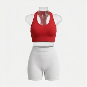 Ensemble de yoga 2 pièces North Approach : Haut dos nageur rouge et short blanc taille haute côtelé sans couture – Tenue de sport - Product Image 1