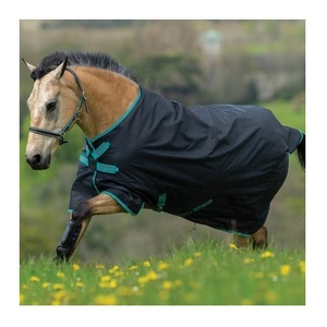 Waterproof Turnout Horse Rug Black with Teal Trim 600D Oxford <b>Fabric</b> Large Tail Flap 4 Leg Straps <b>Star</b> Print Winter Outdoor Use - Product Image 1