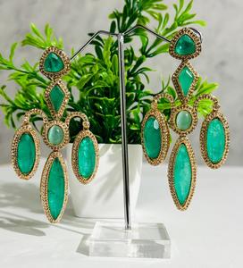 Luxury Green Emerald Look Geometric Statement Drop Earrings Gold Plated Rhinestone Fashion Jewelry for Women Bridal Wedding Part - Product Image 1