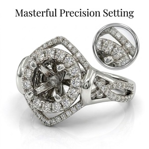 Bague de fiançailles semi-montée en or blanc 18 carats de qualité supérieure, double halo, avec micro-pavé de diamants, à tige fendue ronde, cadeau d'anniversaire - Product Image 2