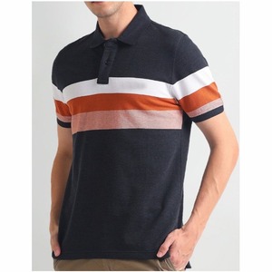 Polo de Manga Corta para Hombre, Color Azul Marino, con Bloques de Color en Rayas Blancas y Naranjas, Corte Regular, Diseño Casual de Punto - Product Image 6