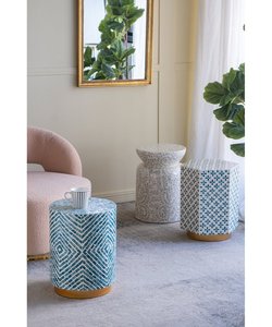 Round Mother of Pearl Inlay MDF Side Table Seashell Hand Work Glossy Finish Chevron Pattern Contemporary Design <b>Storage</b> Decor - Product Image 5