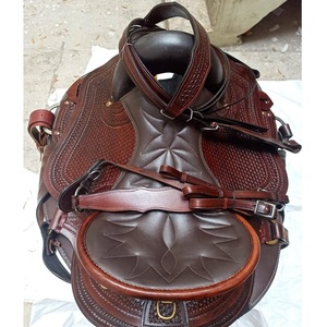 Selle de cheval Western en cuir marron foncé pour l'endurance, avec siège rembourré tressé, étriers, sangles de latigo et harnais - Product Image 5