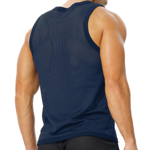 Men's <b>Navy</b> Blue O-Neck Sleeveless Tank <b>Top</b> 100% Cotton Breathable Knitted Sport & Casual Wear Front Logo - Product Image 2