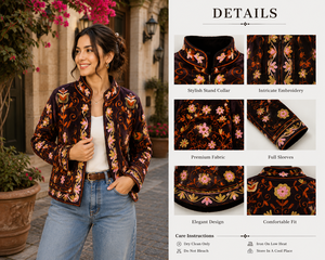 Elegant Velvet Embroidered <b>Jacket</b> With Floral Pattern <b>Mandarin</b> <b>Collar</b> Full Sleeve Winter Women's Coat - Product Image 3