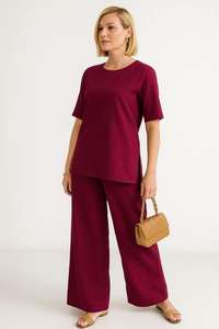 ชุดสองชิ้นผ้าโพลีเอสเตอร์มีสไตล์ชุดทางการทางการทางการแบบลำลองสีเบอร์กันดีของผู้หญิงไซส์ M L XL XXL ขายส่ง - Product Image 4