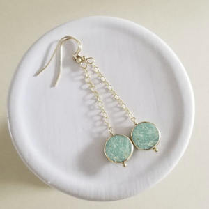 Boucles d'oreilles pendantes en amazonite en forme de pièce de monnaie, bleu aqua, pierre précieuse naturelle, plaqué or rose, bijoux faits à la main pour femmes - Product Image 4